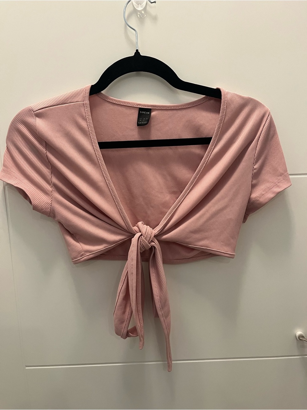 SHEIN Dusty Pink Ribbed Tie-Front Crop Top